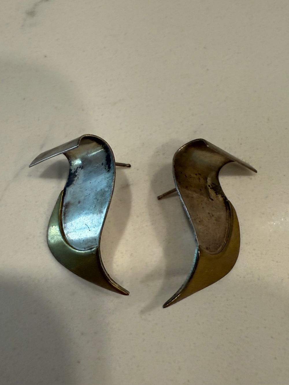 Curved Two-Tone Metal Post Earrings - Gold & Sterling